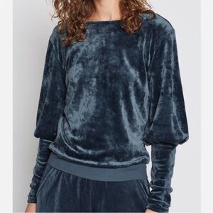 JOIE Faux Velvet blue set - Wide Leg Lounge Pants & bubble sleeve